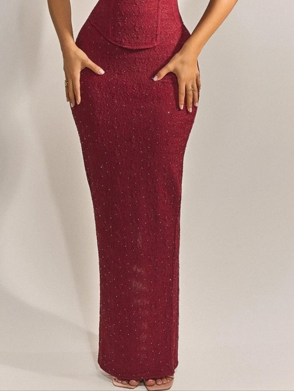 Mars The Label Cinched Lace Maxi Skirt Diamonte Dark Red Size 2
